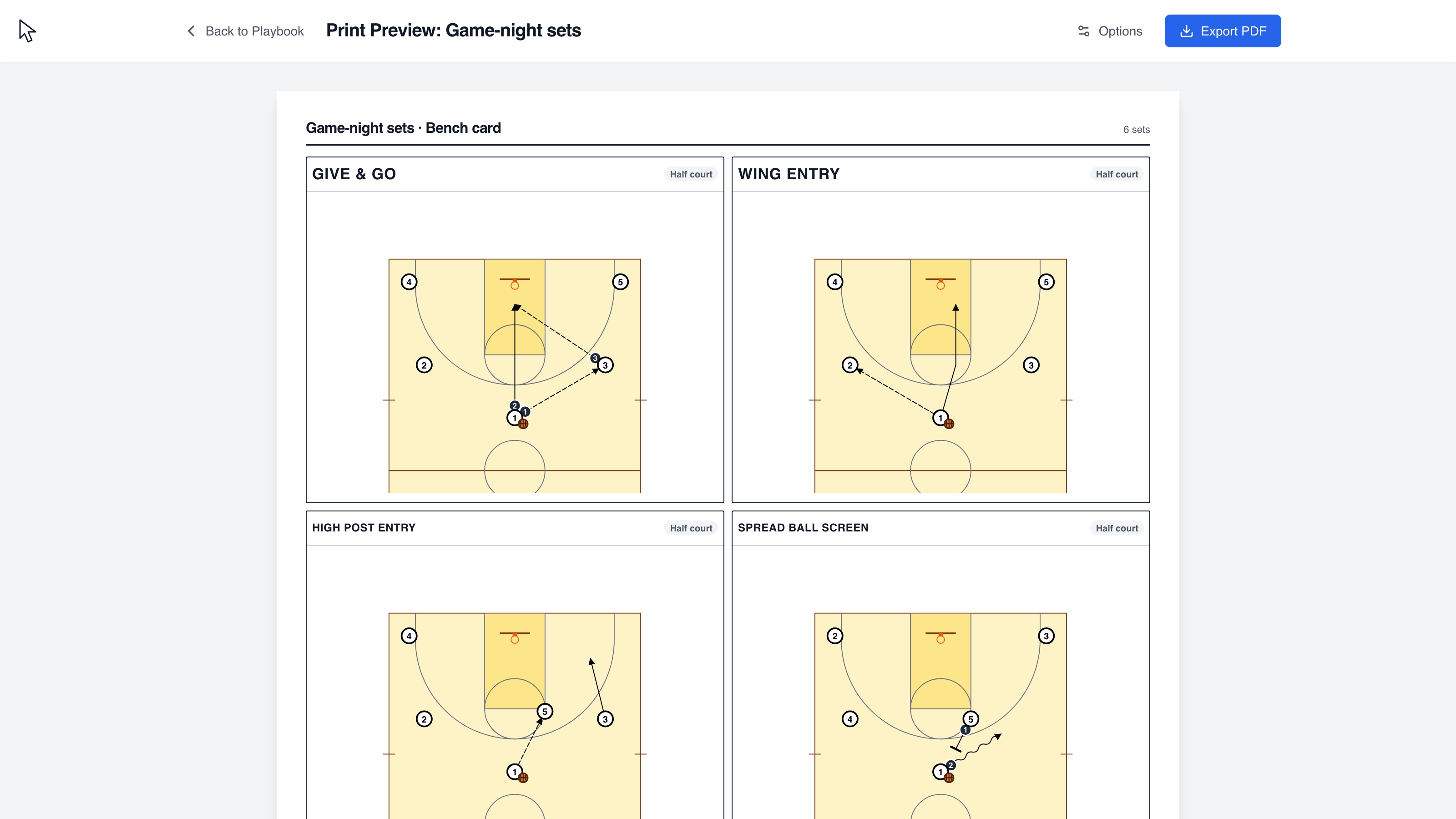 Arrange six complete basketball sets and export an actual six-set bench card PDF.