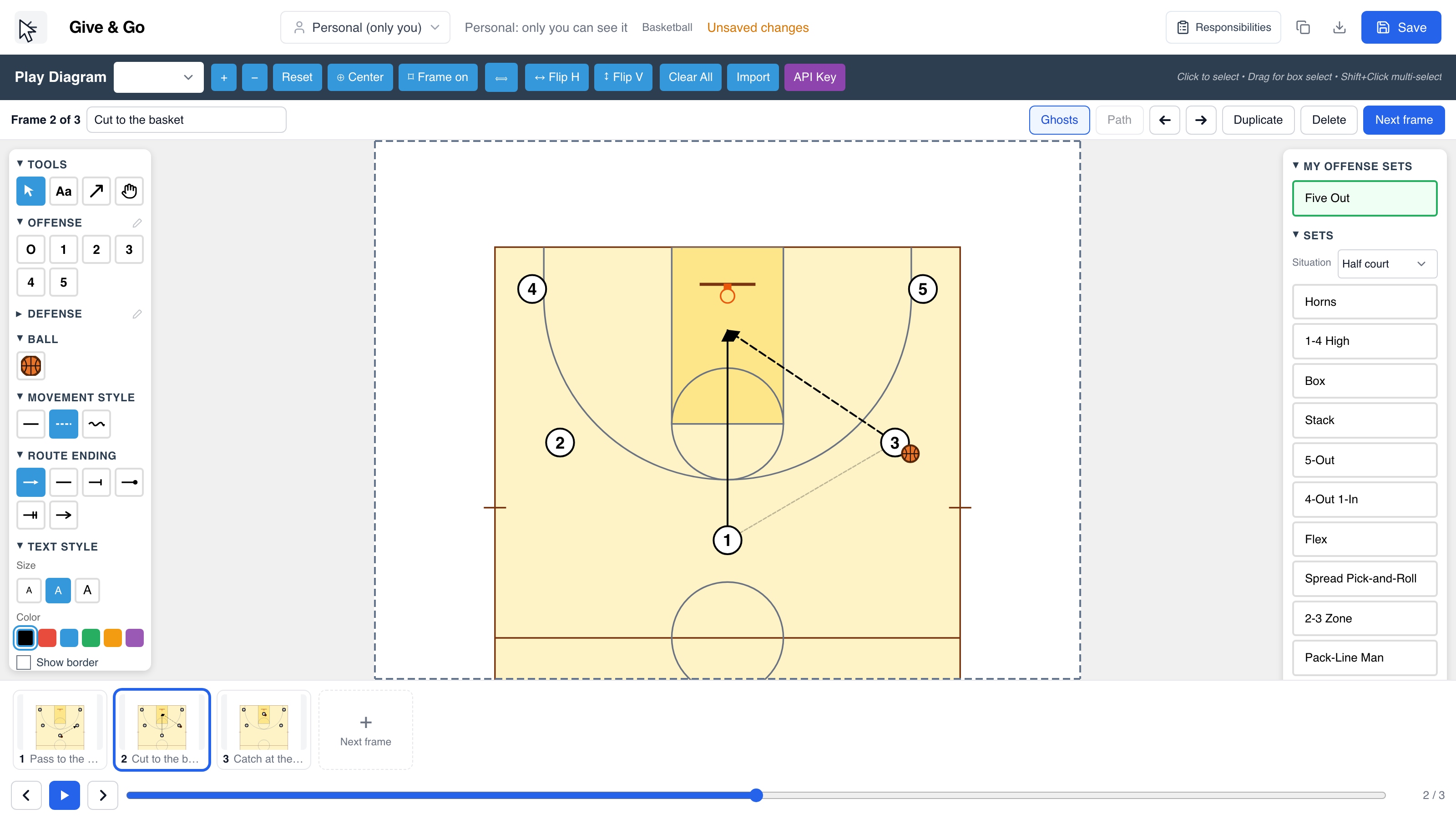 Draw a complete five-player set, add its next moment, move the ball and play the sequence.