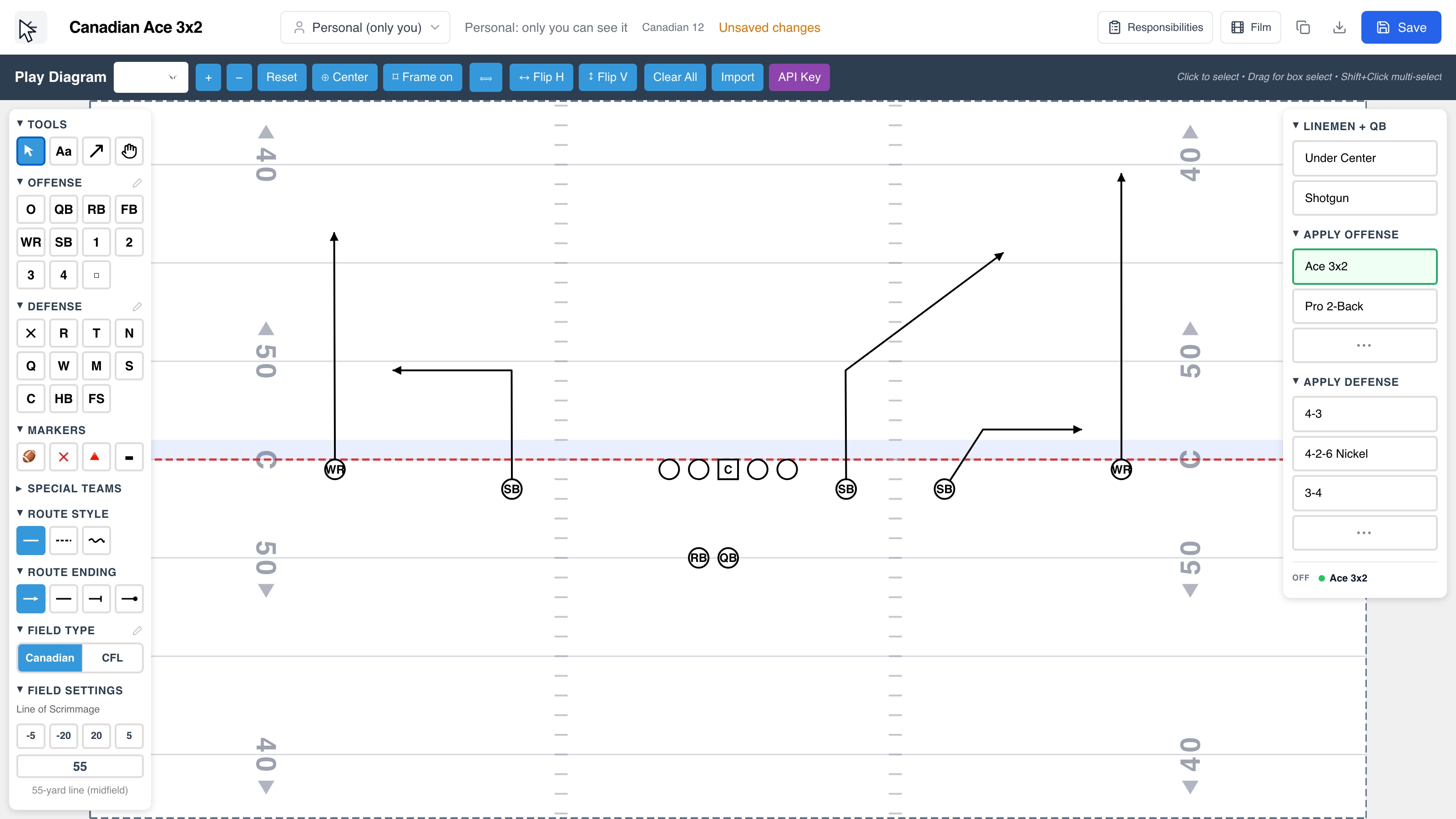 Draw a twelve-player Canadian football formation and receiver routes in Playside.