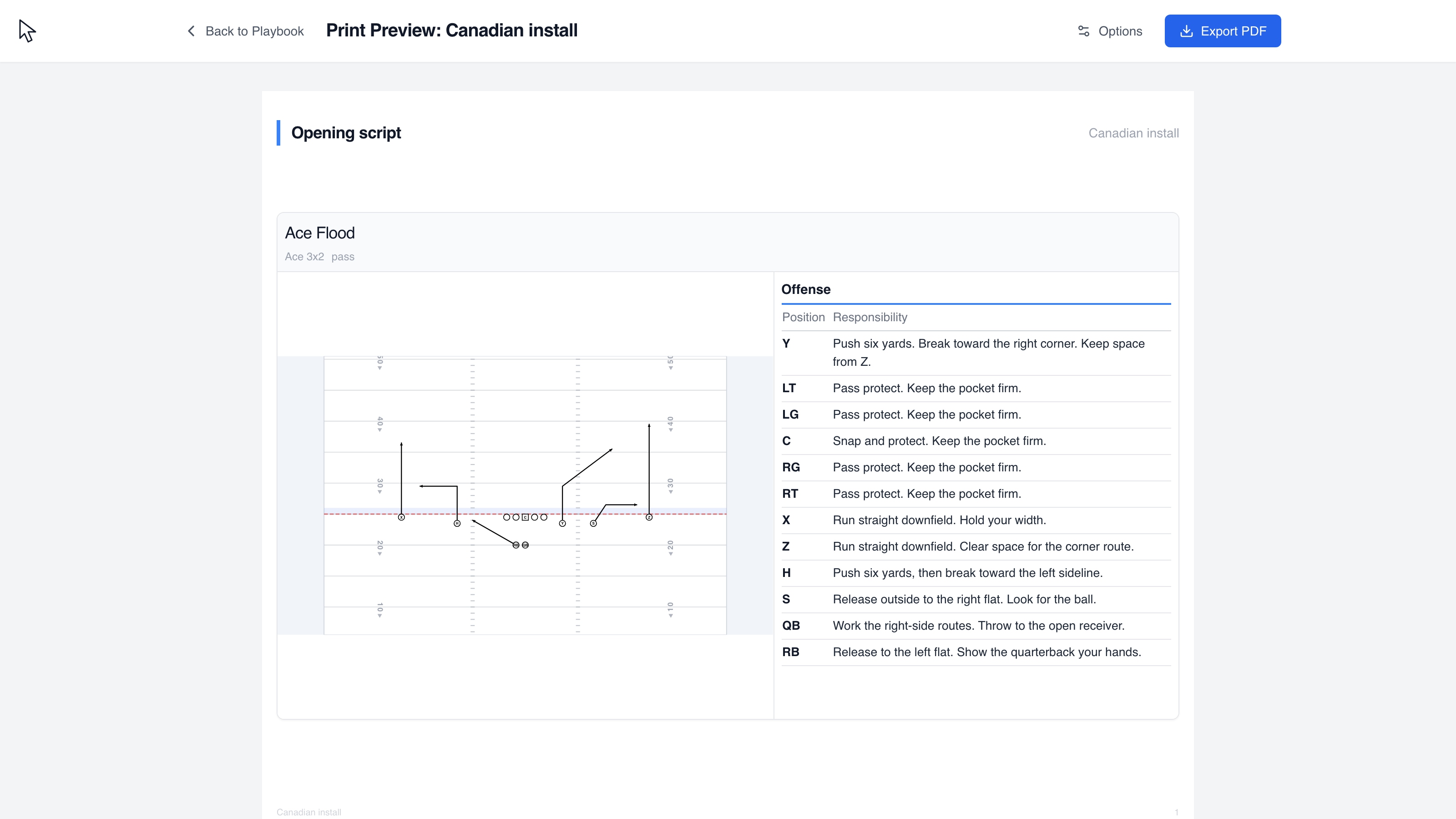 Canadian football: Select a receiver, write their assignment and export the diagram with all position responsibilities.