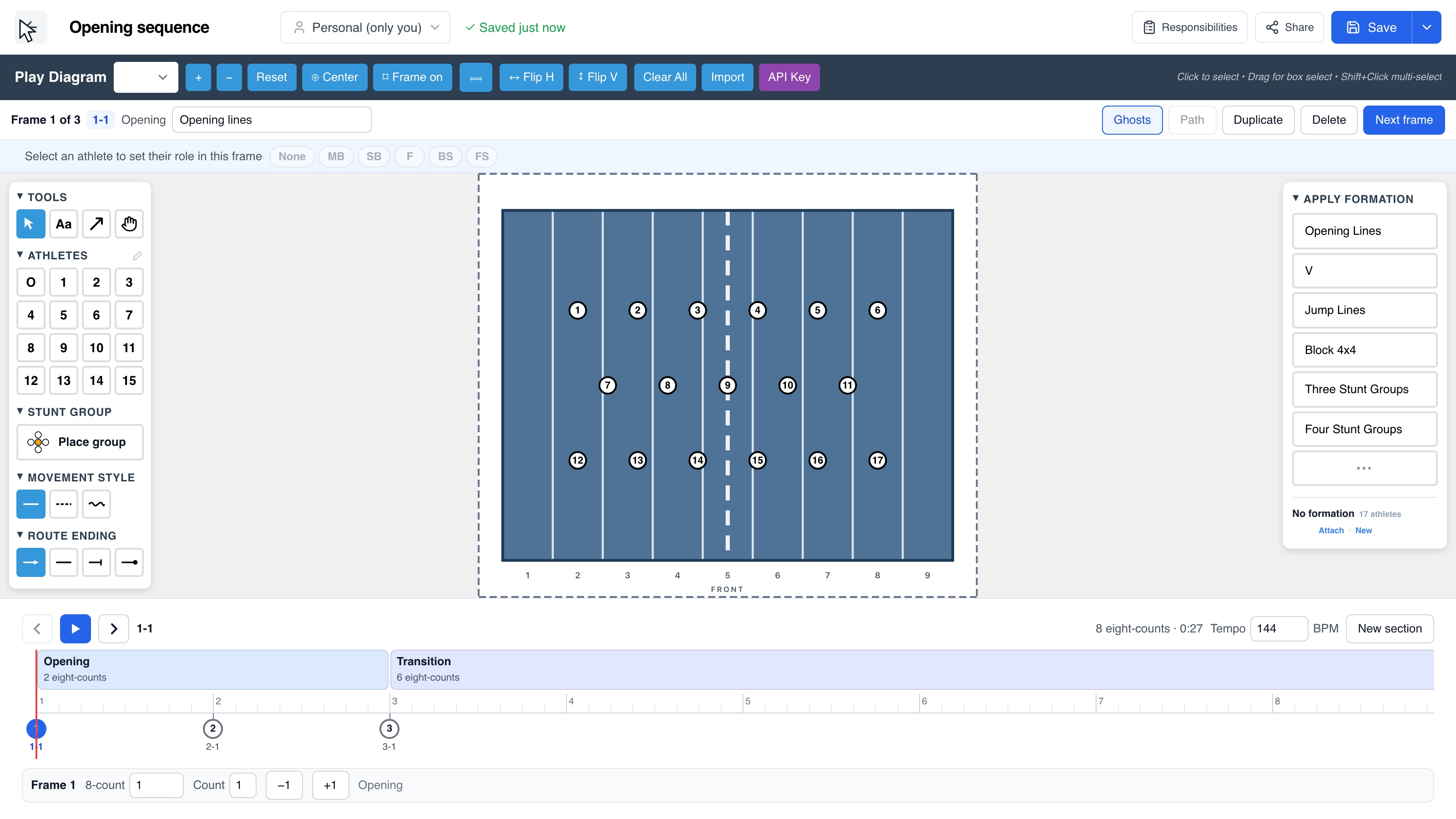 Step through a complete seventeen-athlete sequence on 8-counts, adjust the tempo and play its formations.