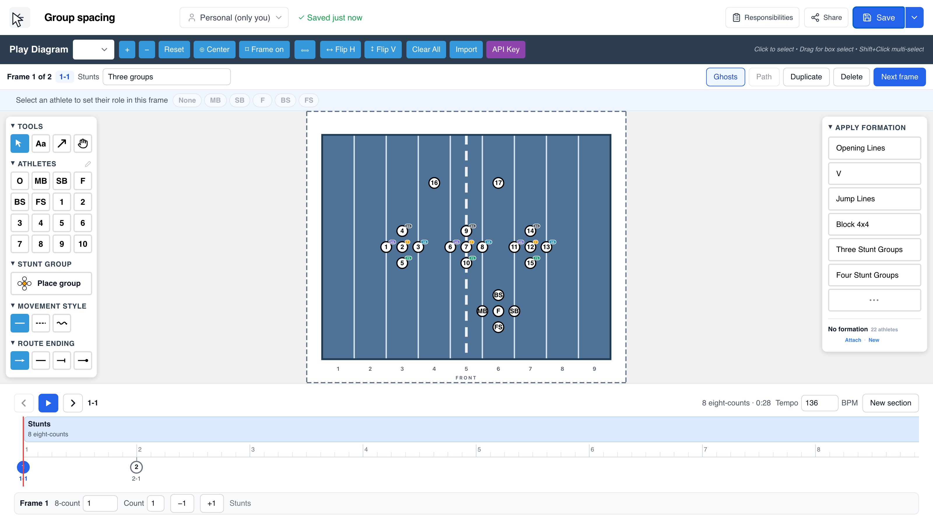 Place and move a stunt group together, then show the roles for the next formation.
