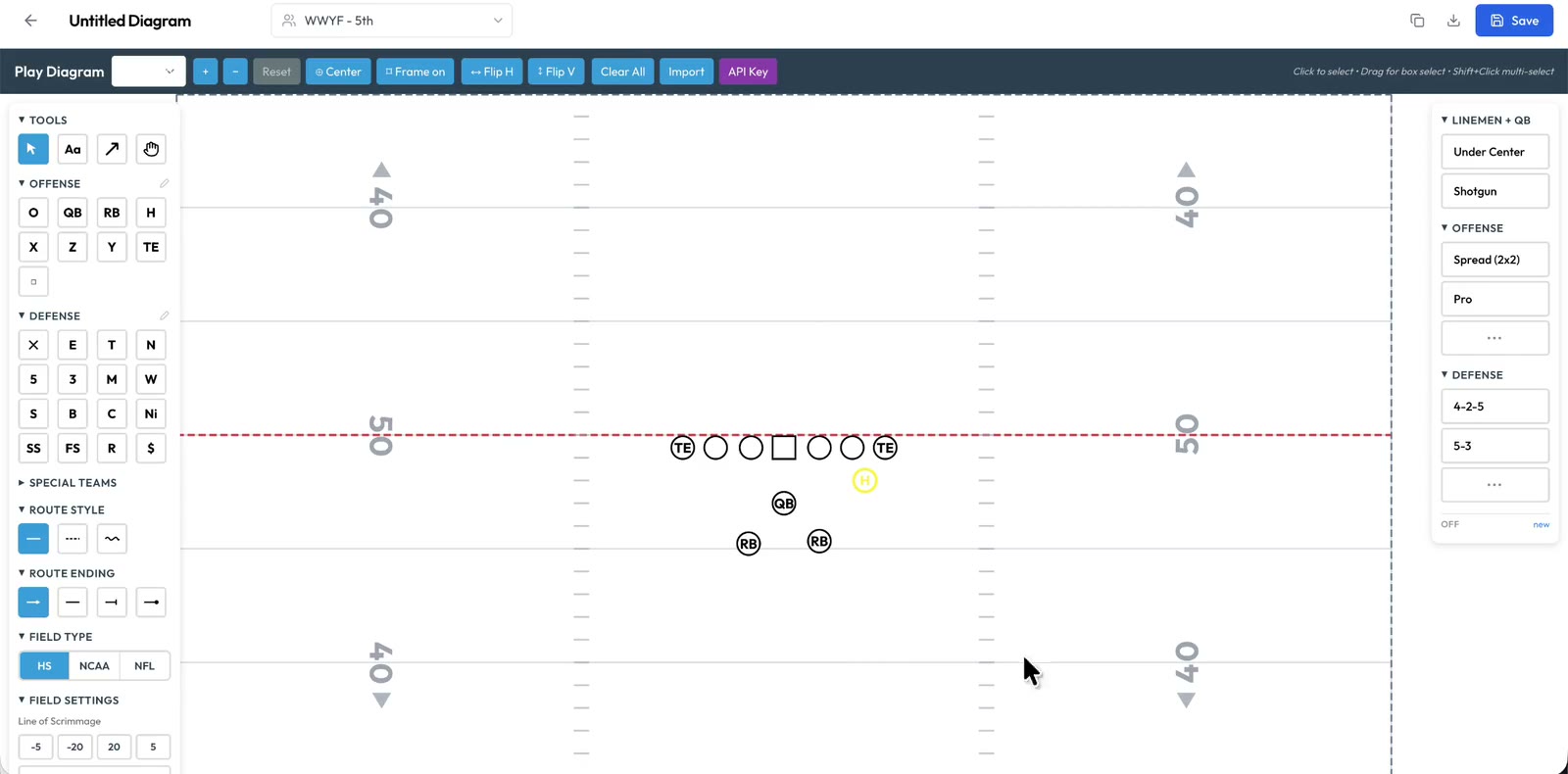 A team's saved formation library, showing offensive and defensive looks