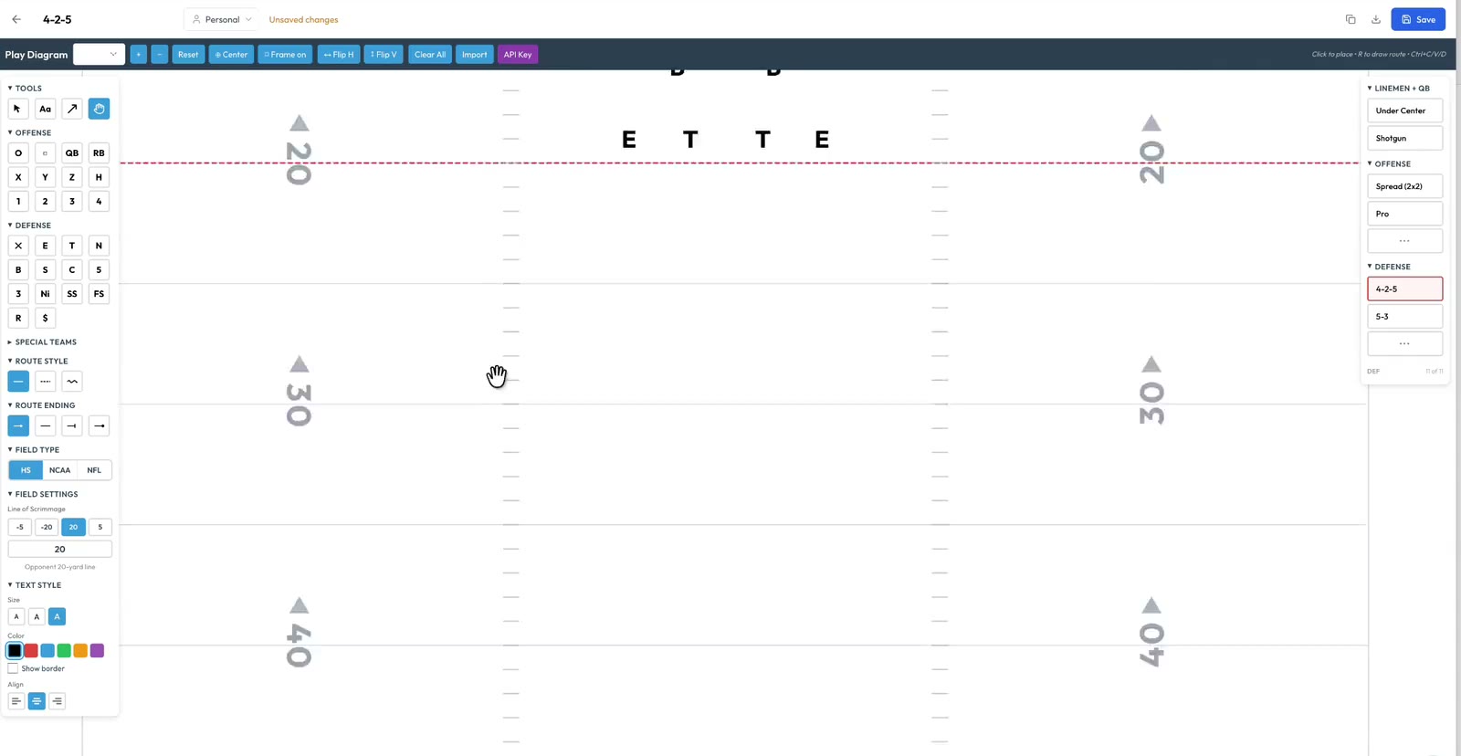 The Playside play editor with a Y-Cross concept drawn on a football field
