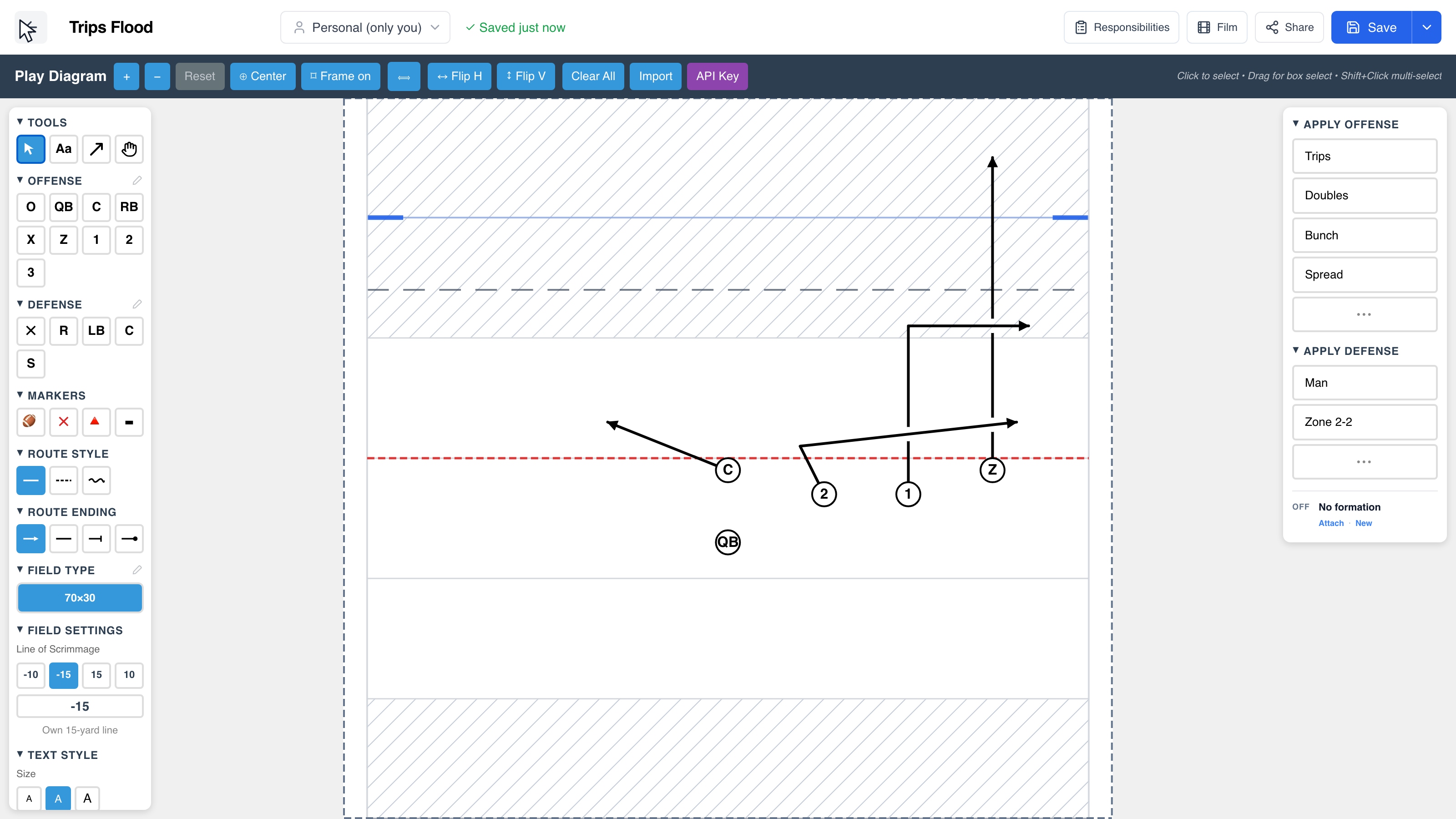 Flag 5v5: Zoom into a route, pan, change the yard-line spot and view the same play from the other end.
