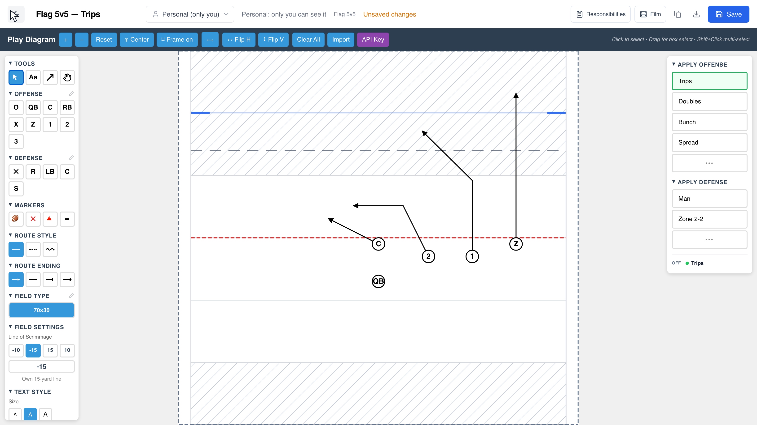 Choose Flag 5v5, place a five-player Trips formation and draw routes in Playside.