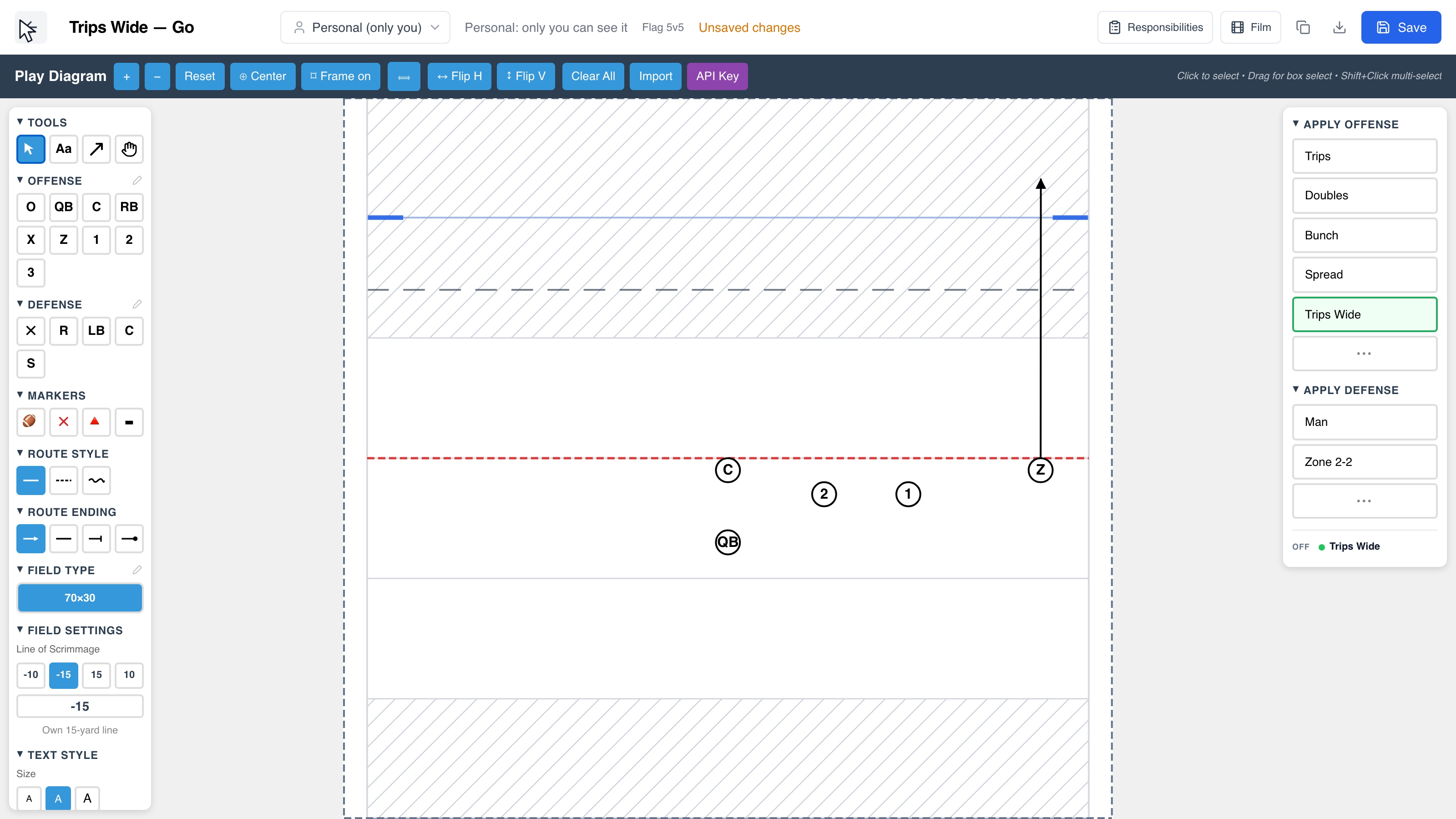 Adjust Trips, save Trips Wide, search and pin the formation, then reuse all five players on a new play.