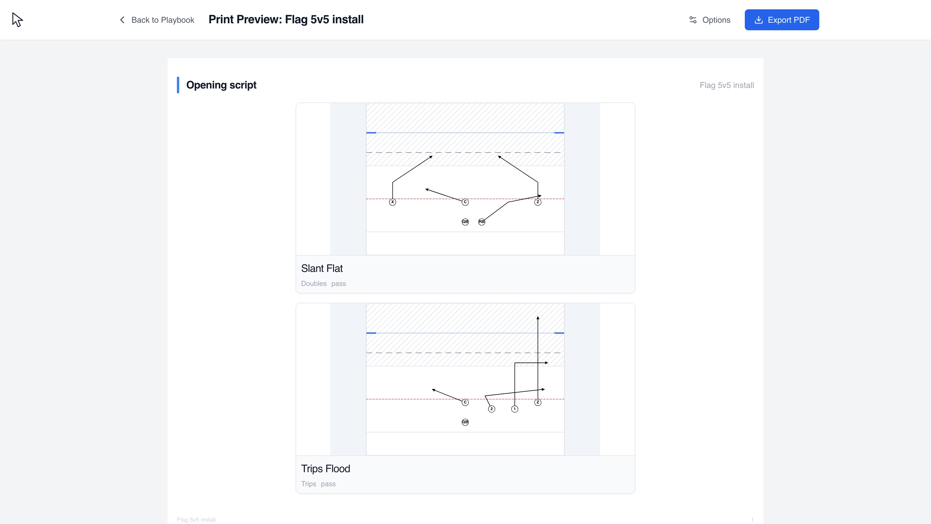 Flag 5v5: Organize six complete plays into teaching order and export the actual playbook PDF.